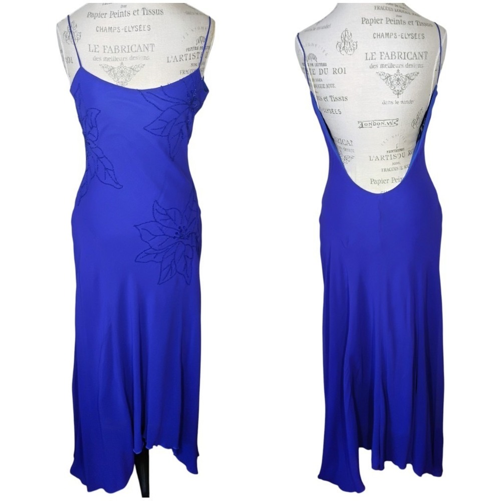 B Darlin Silk Asymmetric Dress Juniors 7 Royal Blue Floral Bead Fairy Hoco Prom
